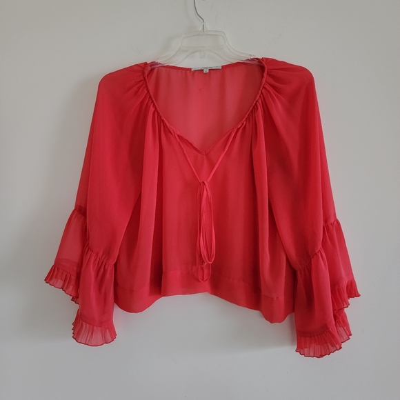 Wendy Katlen Sheer Orange Blouse With Flared Ruffled Sleeves Size Medium - Picture 10 of 11